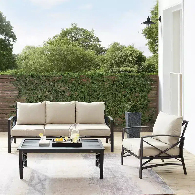 Crosley Kaplan 3pc Outdoor Patio Sofa Set with Sofa & Arm Chair with Coffee Table