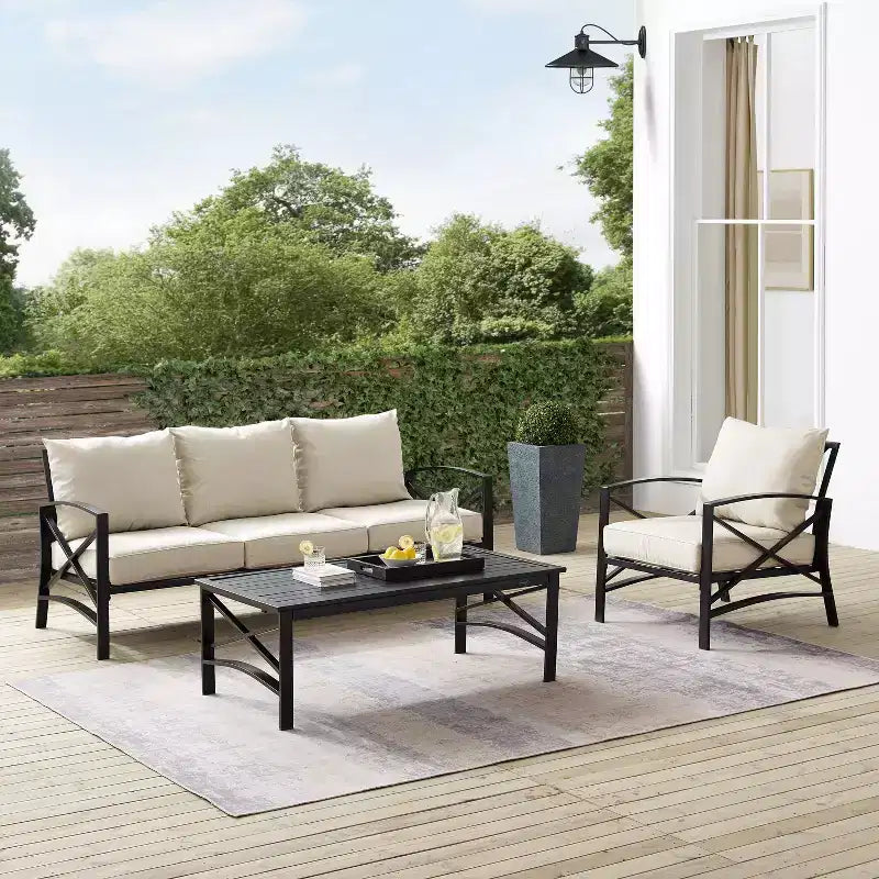 Crosley Kaplan 3pc Outdoor Patio Sofa Set with Sofa & Arm Chair with Coffee Table