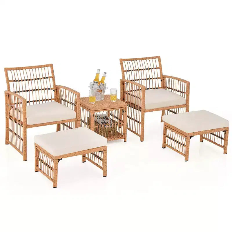 Costway 5 Piece Patio Rattan Wicker Conversation Set with 2-Tier Coffee Table & 2 Ottomans