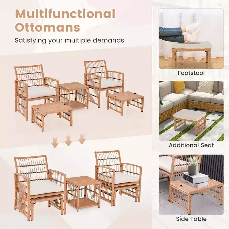 Costway 5 Piece Patio Rattan Wicker Conversation Set with 2-Tier Coffee Table & 2 Ottomans