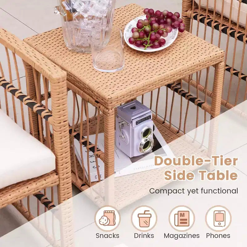 Costway 5 Piece Patio Rattan Wicker Conversation Set with 2-Tier Coffee Table & 2 Ottomans