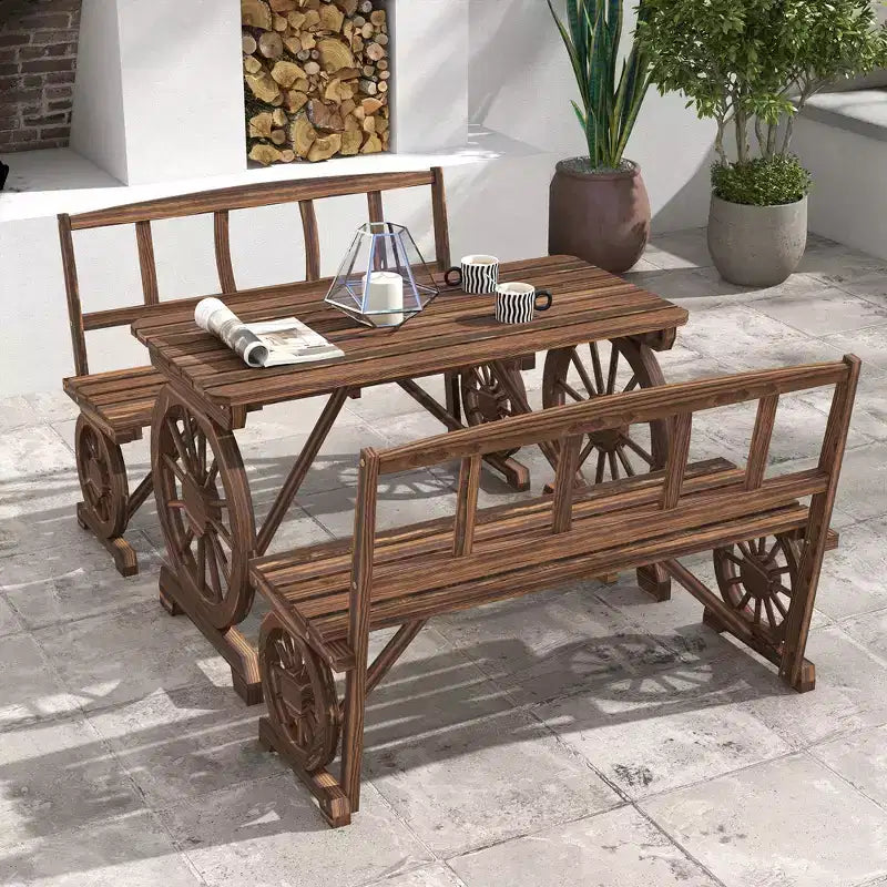 Outsunny Outdoor Table and Chairs for 4 People, Wooden Furniture Set w/ Wagon Wheel Design for Backyard Garden, Deck, Carbonized