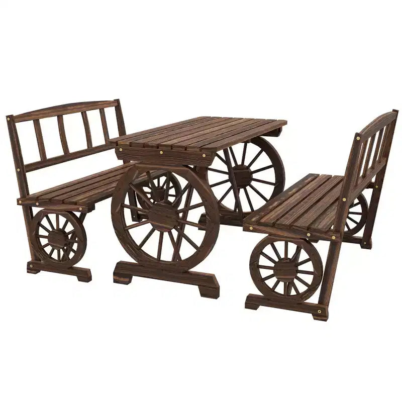 Outsunny Outdoor Table and Chairs for 4 People, Wooden Furniture Set w/ Wagon Wheel Design for Backyard Garden, Deck, Carbonized