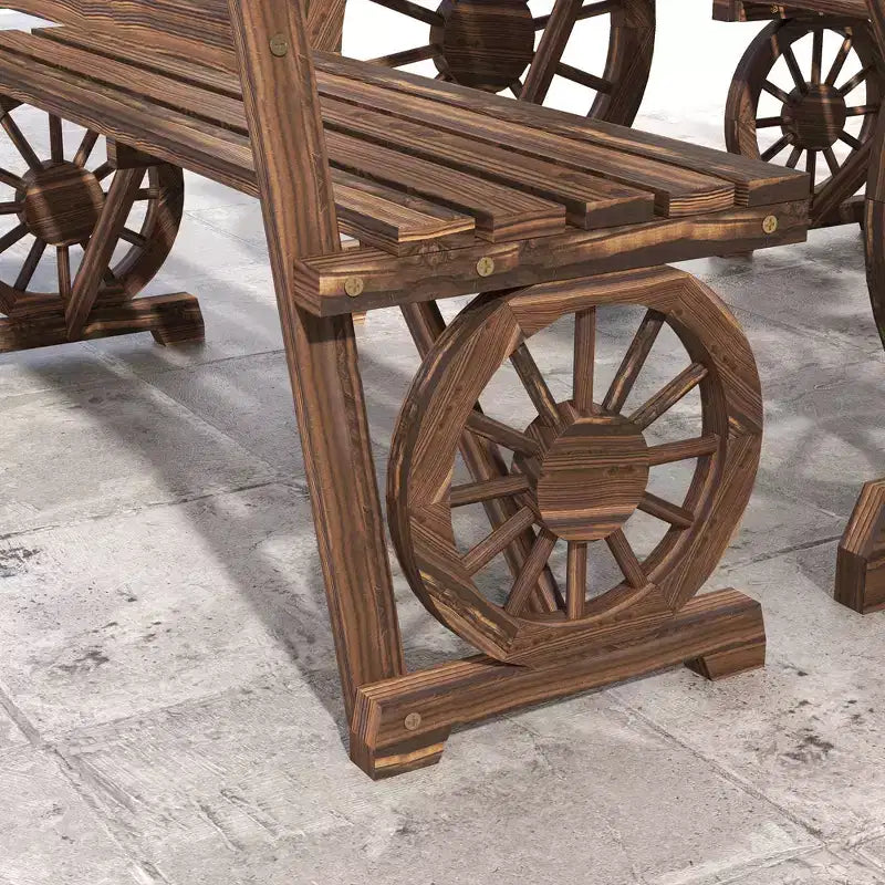 Outsunny Outdoor Table and Chairs for 4 People, Wooden Furniture Set w/ Wagon Wheel Design for Backyard Garden, Deck, Carbonized