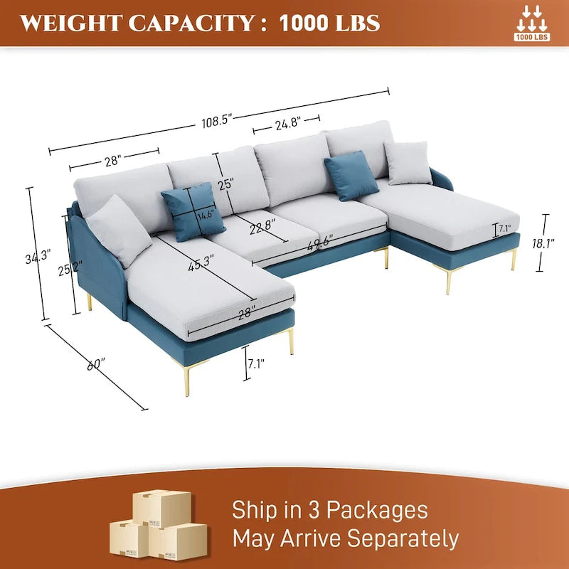 U-förmiges 4-Sitzer Ecksofa mit doppelter Recamiere