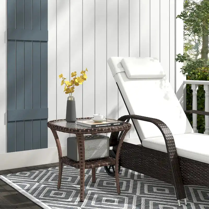 Rattan-Couchtisch mit Ablagefach, Beistelltisch aus Korbgeflecht mit Glasplatte, Outdoor-Beistelltisch