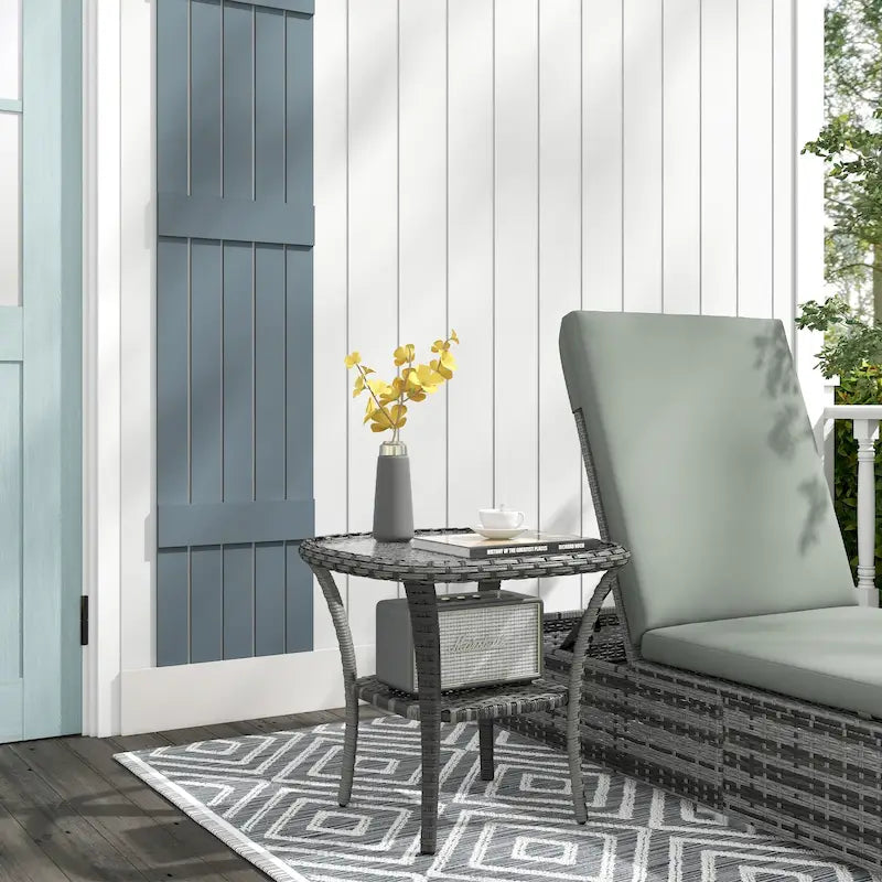 Rattan-Couchtisch mit Ablagefach, Beistelltisch aus Korbgeflecht mit Glasplatte, Outdoor-Beistelltisch