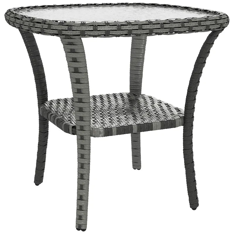 Rattan-Couchtisch mit Ablagefach, Beistelltisch aus Korbgeflecht mit Glasplatte, Outdoor-Beistelltisch