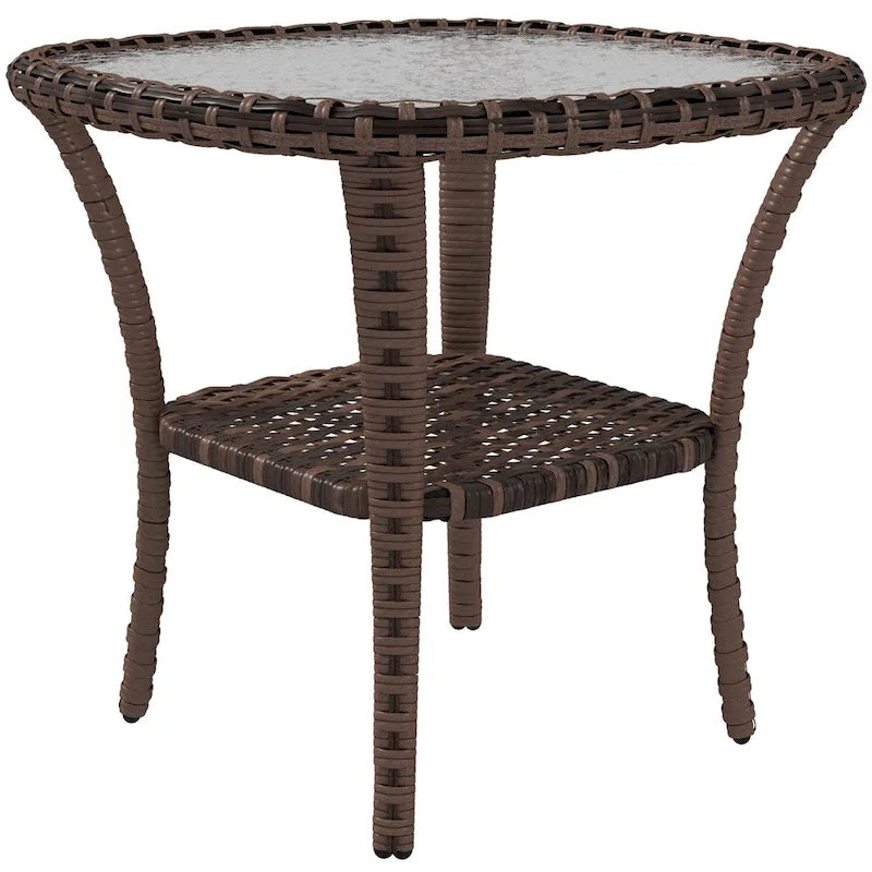 Rattan-Couchtisch mit Ablagefach, Beistelltisch aus Korbgeflecht mit Glasplatte, Outdoor-Beistelltisch