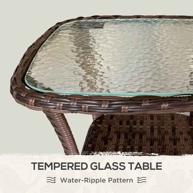 Rattan-Couchtisch mit Ablagefach, Beistelltisch aus Korbgeflecht mit Glasplatte, Outdoor-Beistelltisch