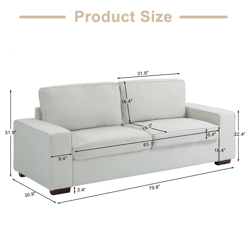 80" Modernes 3-Sitzer-Sofa mit breiten Armlehnen, 200 kg Tragkraft