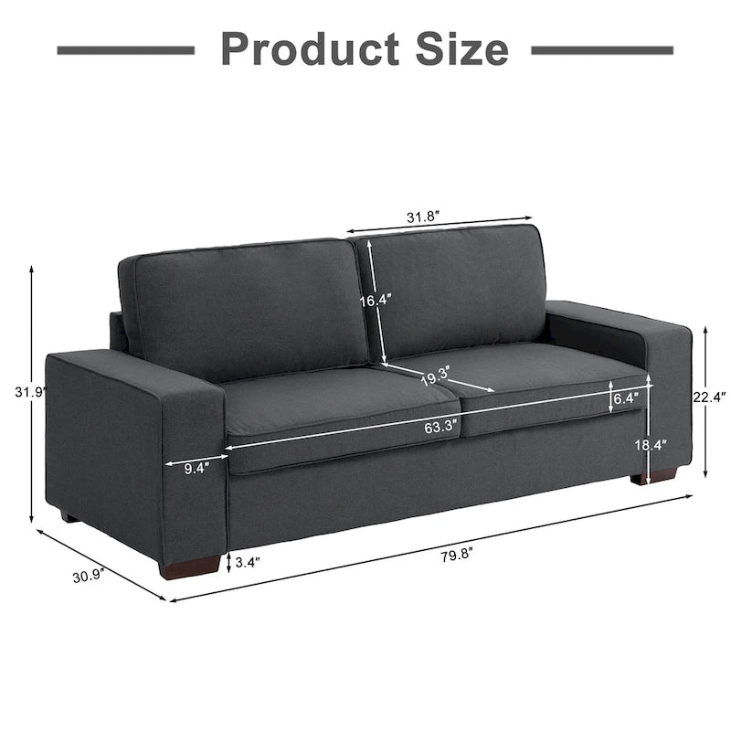 80" Modernes 3-Sitzer-Sofa mit breiten Armlehnen, 200 kg Tragkraft