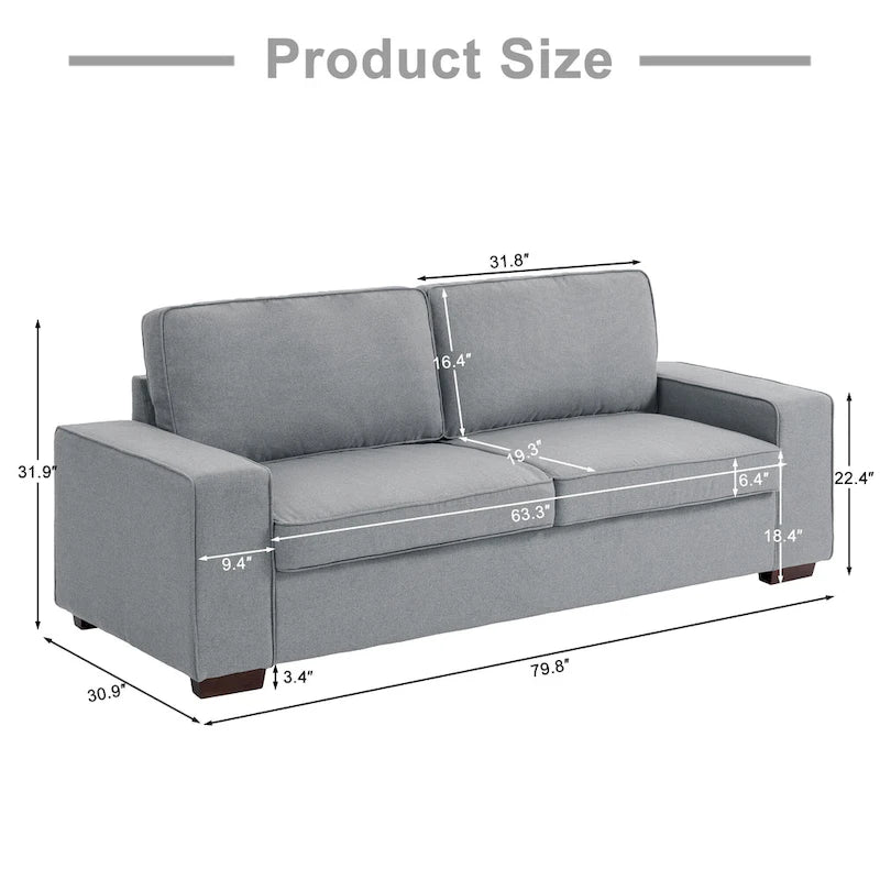 80" Modernes 3-Sitzer-Sofa mit breiten Armlehnen, 200 kg Tragkraft