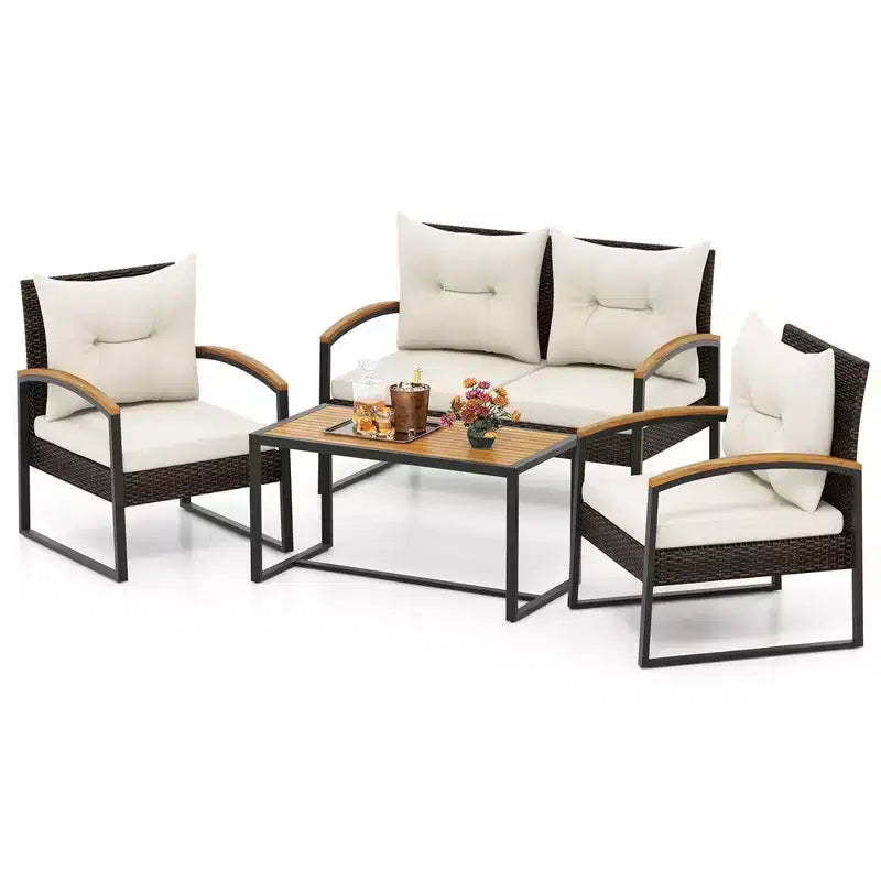 Costway 4 PCS Patio Conversation Set with Coffee Table Solid Acacia Wood Armrests Tabletop