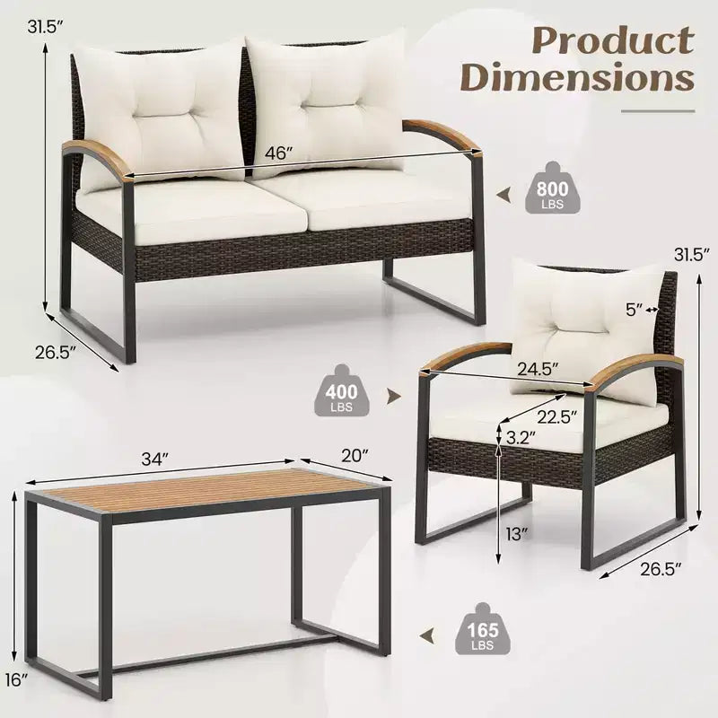 Costway 4 PCS Patio Conversation Set with Coffee Table Solid Acacia Wood Armrests Tabletop