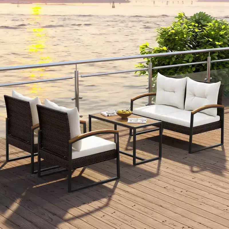 Costway 4 PCS Patio Conversation Set with Coffee Table Solid Acacia Wood Armrests Tabletop