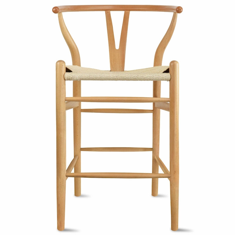 Barhocker aus Massivholz mit offener Y-Rückenlehne, geflochtener Sitz im Landhausstil