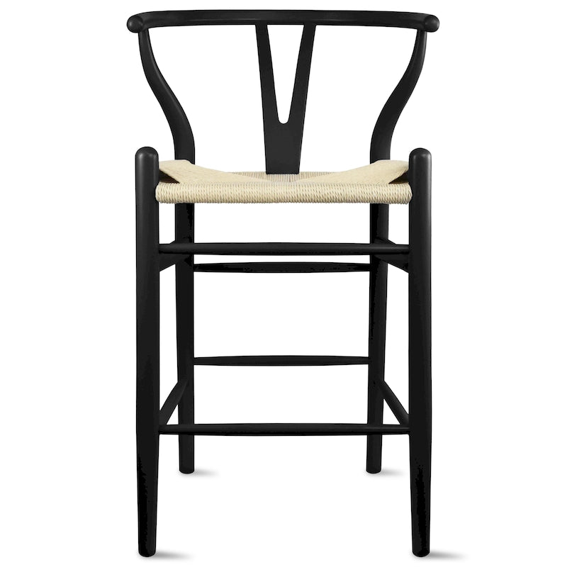 Barhocker aus Massivholz mit offener Y-Rückenlehne, geflochtener Sitz im Landhausstil