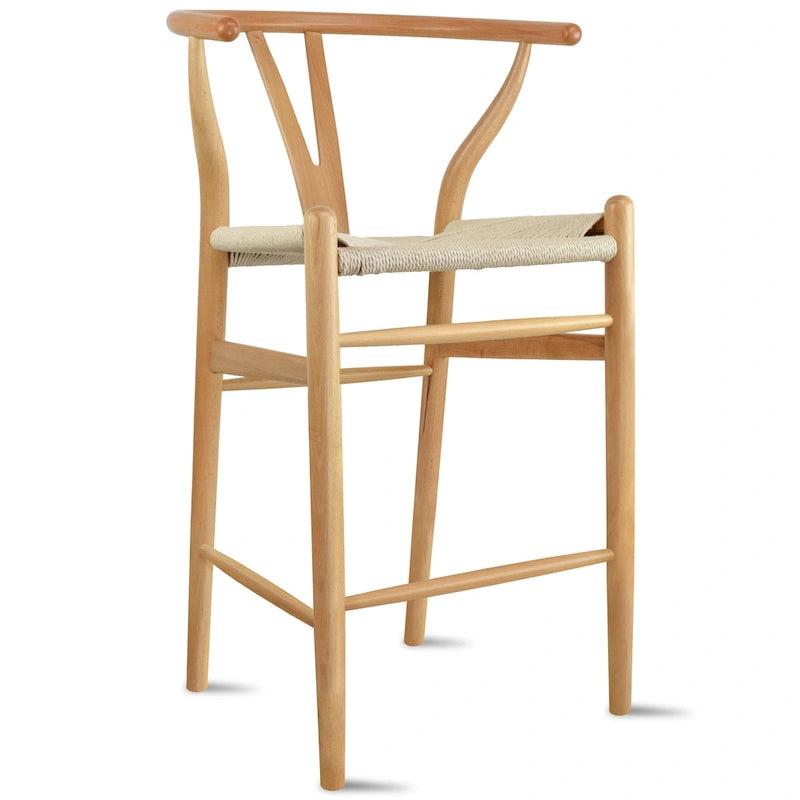 Barhocker aus Massivholz mit offener Y-Rückenlehne, geflochtener Sitz im Landhausstil