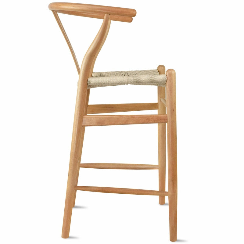 Barhocker aus Massivholz mit offener Y-Rückenlehne, geflochtener Sitz im Landhausstil