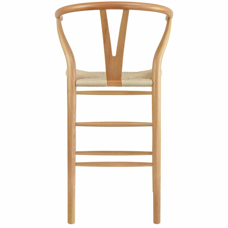 Barhocker aus Massivholz mit offener Y-Rückenlehne, geflochtener Sitz im Landhausstil