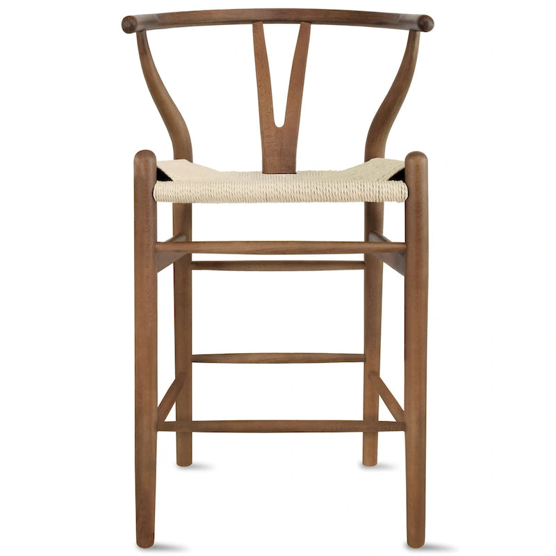 Barhocker aus Massivholz mit offener Y-Rückenlehne, geflochtener Sitz im Landhausstil