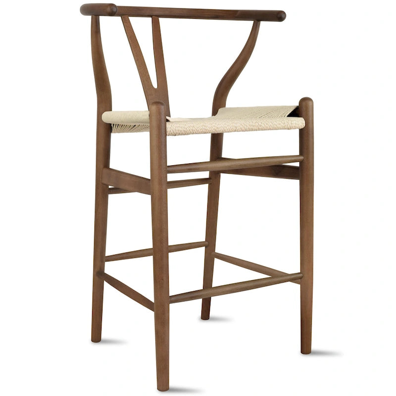Barhocker aus Massivholz mit offener Y-Rückenlehne, geflochtener Sitz im Landhausstil