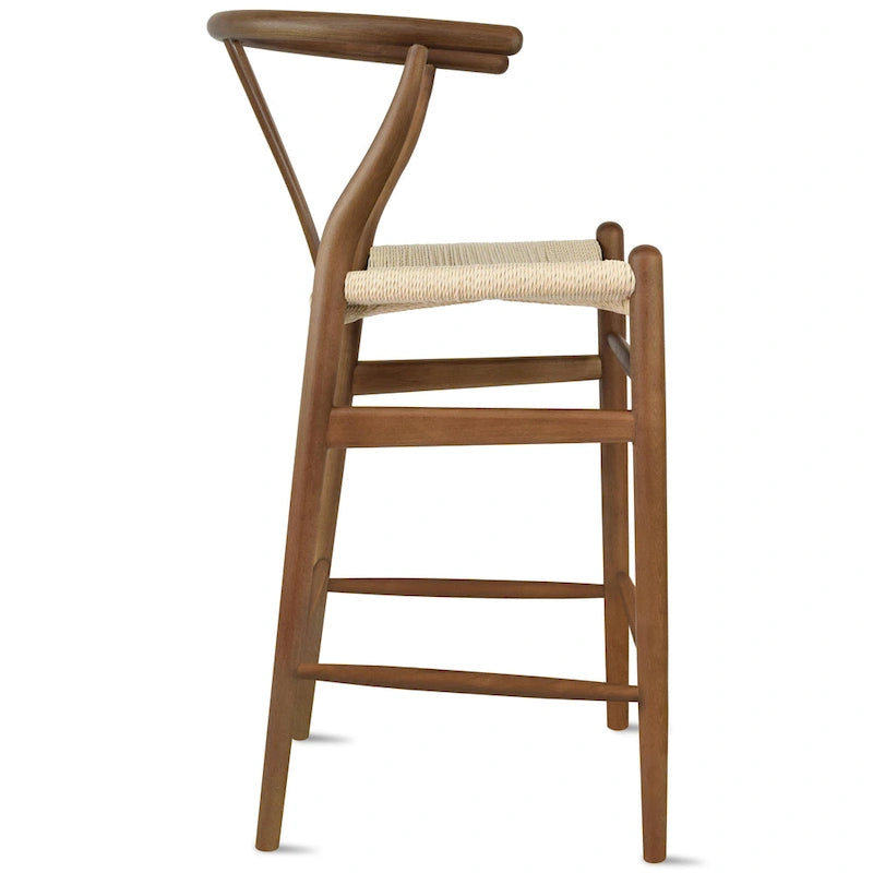 Barhocker aus Massivholz mit offener Y-Rückenlehne, geflochtener Sitz im Landhausstil