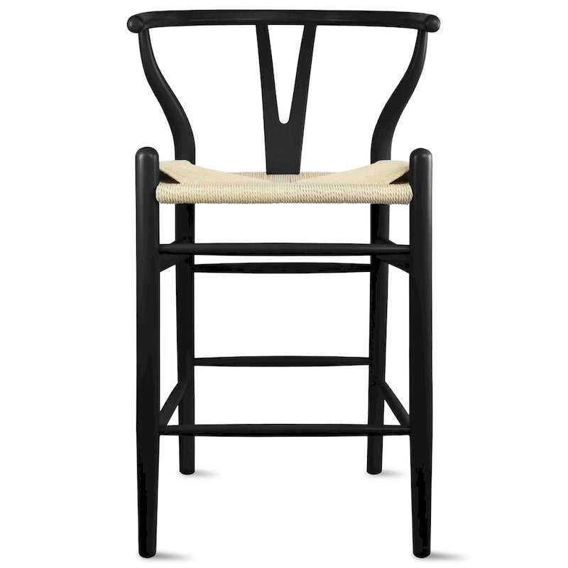 Barhocker aus Massivholz mit offener Y-Rückenlehne, geflochtener Sitz im Landhausstil
