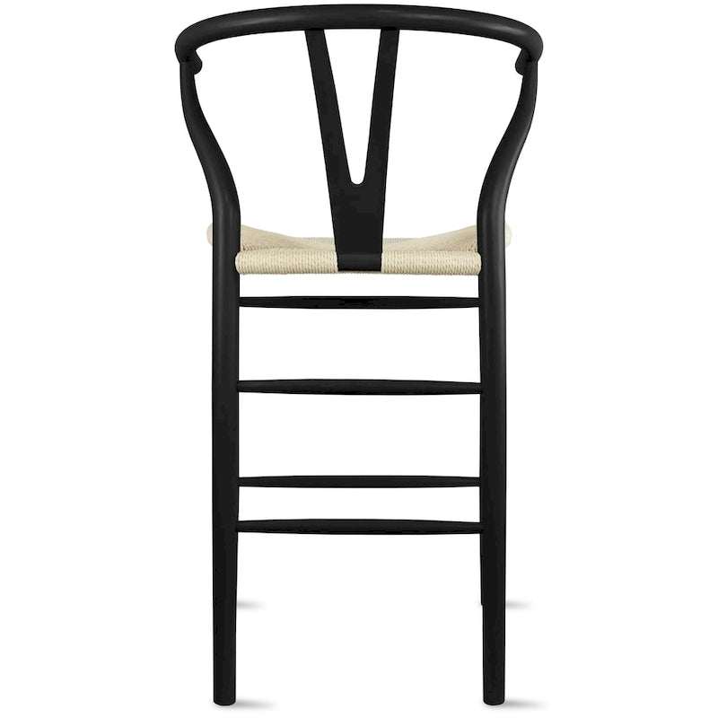 Barhocker aus Massivholz mit offener Y-Rückenlehne, geflochtener Sitz im Landhausstil