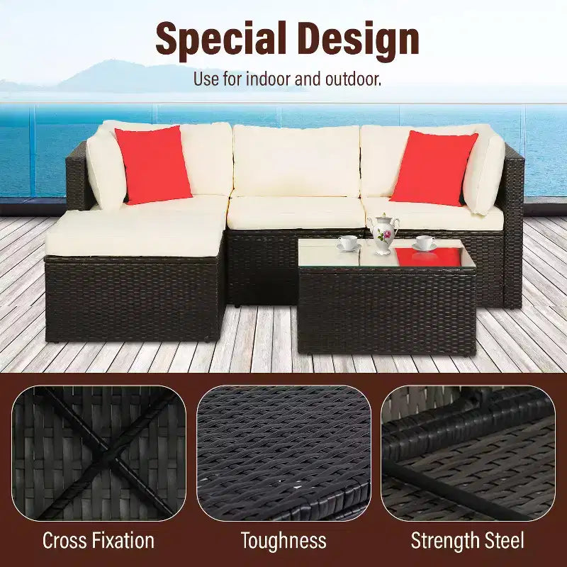 FDW 5-Piece Rattan Patio Furniture Set Modern Outdoor Sectional Sofa Conversation Sofa Set with Corner Chairs Pillow and Glass-Top Table, Khaki