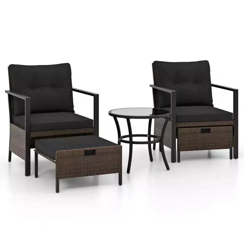 Costway 5 PCS Outdoor Furniture Set Rattan Chairs & Ottomans with Glass Topped Coffee Table Off White/Black/Navy/Gray