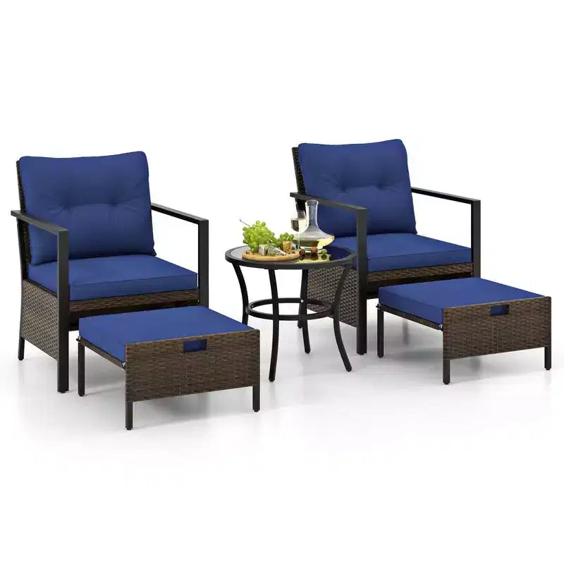 Costway 5 PCS Outdoor Furniture Set Rattan Chairs & Ottomans with Glass Topped Coffee Table Off White/Black/Navy/Gray