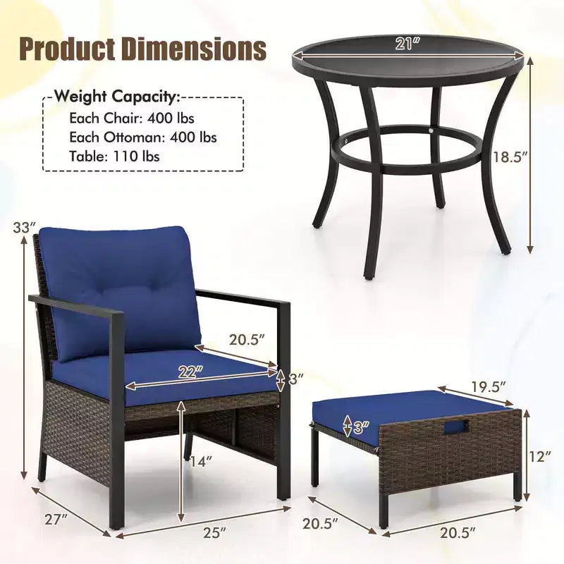 Costway 5 PCS Outdoor Furniture Set Rattan Chairs & Ottomans with Glass Topped Coffee Table Off White/Black/Navy/Gray