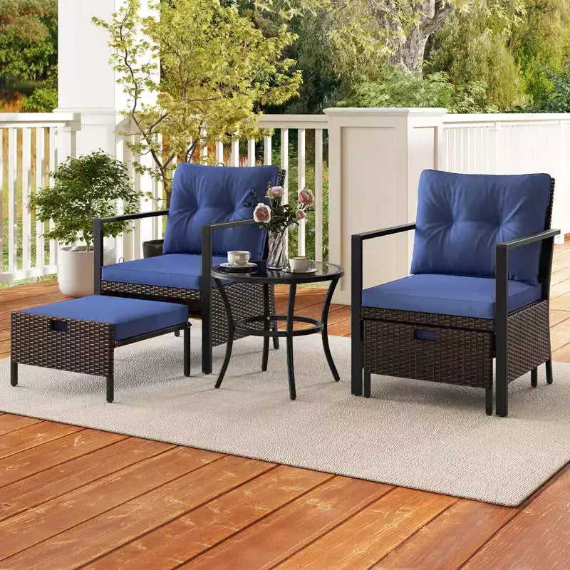 Costway 5 PCS Outdoor Furniture Set Rattan Chairs & Ottomans with Glass Topped Coffee Table Off White/Black/Navy/Gray