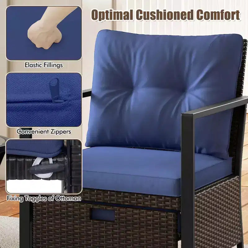 Costway 5 PCS Outdoor Furniture Set Rattan Chairs & Ottomans with Glass Topped Coffee Table Off White/Black/Navy/Gray