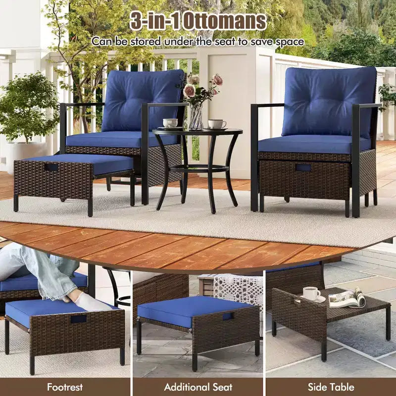 Costway 5 PCS Outdoor Furniture Set Rattan Chairs & Ottomans with Glass Topped Coffee Table Off White/Black/Navy/Gray