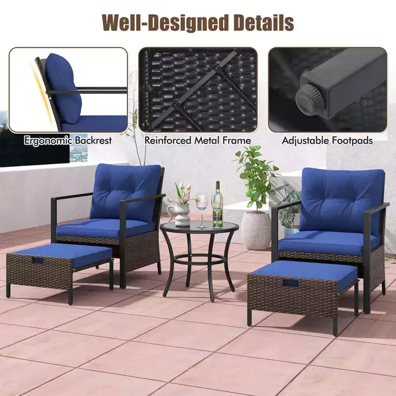 Costway 5 PCS Outdoor Furniture Set Rattan Chairs & Ottomans with Glass Topped Coffee Table Off White/Black/Navy/Gray