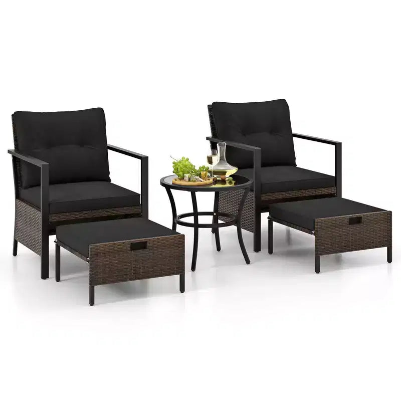 Costway 5 PCS Outdoor Furniture Set Rattan Chairs & Ottomans with Glass Topped Coffee Table Off White/Black/Navy/Gray