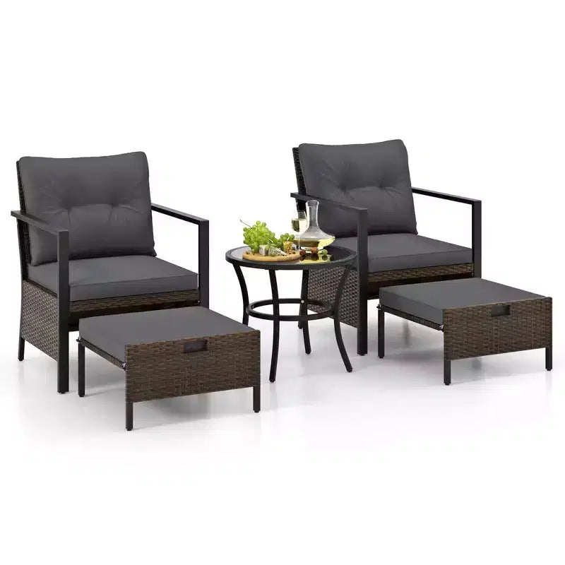 Costway 5 PCS Outdoor Furniture Set Rattan Chairs & Ottomans with Glass Topped Coffee Table Off White/Black/Navy/Gray