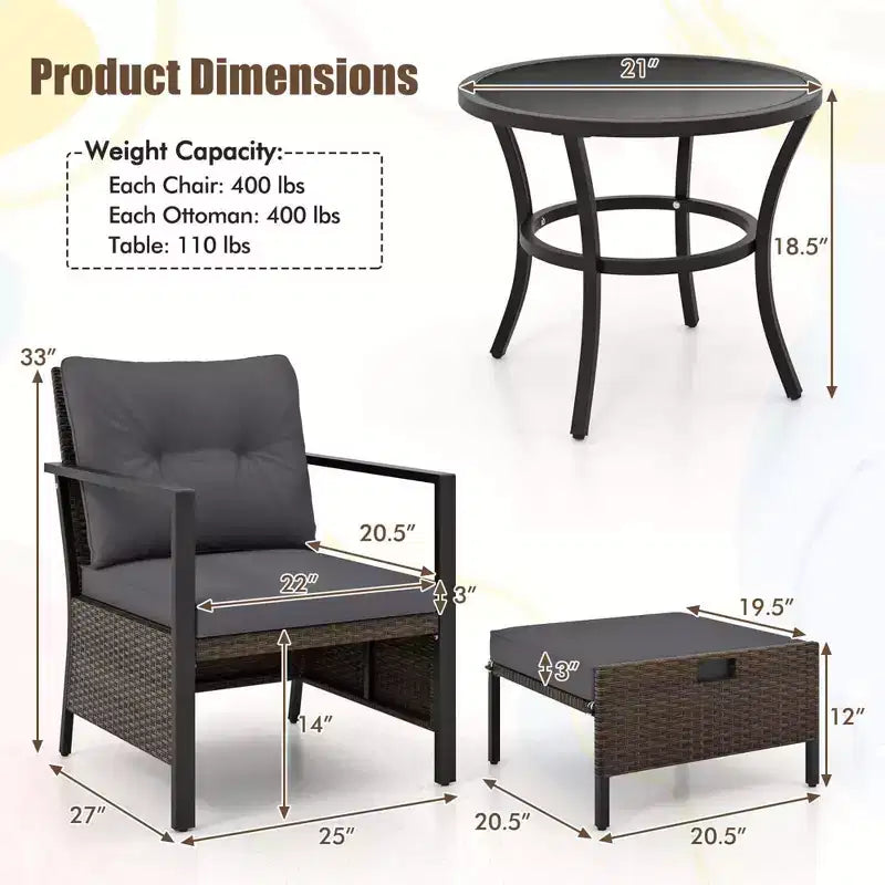 Costway 5 PCS Outdoor Furniture Set Rattan Chairs & Ottomans with Glass Topped Coffee Table Off White/Black/Navy/Gray