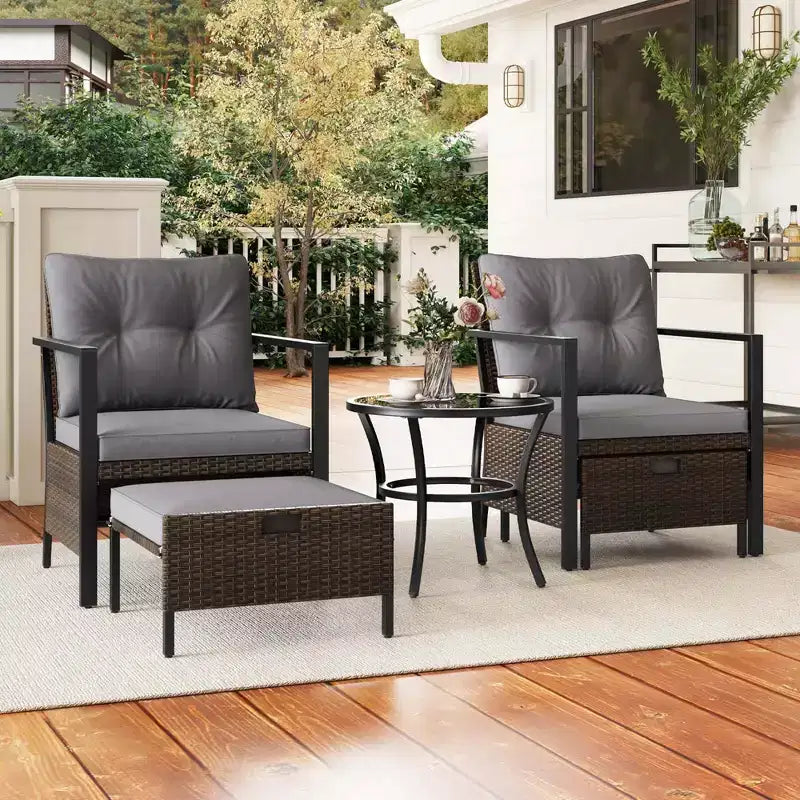 Costway 5 PCS Outdoor Furniture Set Rattan Chairs & Ottomans with Glass Topped Coffee Table Off White/Black/Navy/Gray