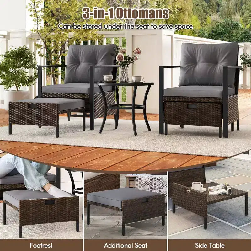 Costway 5 PCS Outdoor Furniture Set Rattan Chairs & Ottomans with Glass Topped Coffee Table Off White/Black/Navy/Gray