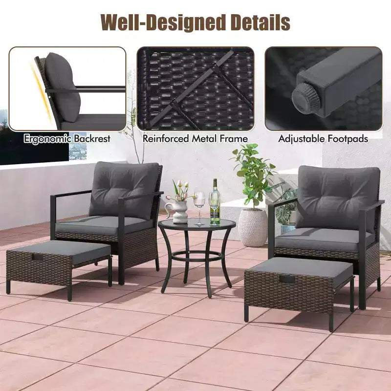 Costway 5 PCS Outdoor Furniture Set Rattan Chairs & Ottomans with Glass Topped Coffee Table Off White/Black/Navy/Gray