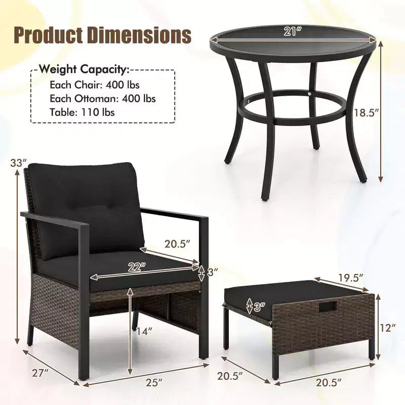 Costway 5 PCS Outdoor Furniture Set Rattan Chairs & Ottomans with Glass Topped Coffee Table Off White/Black/Navy/Gray