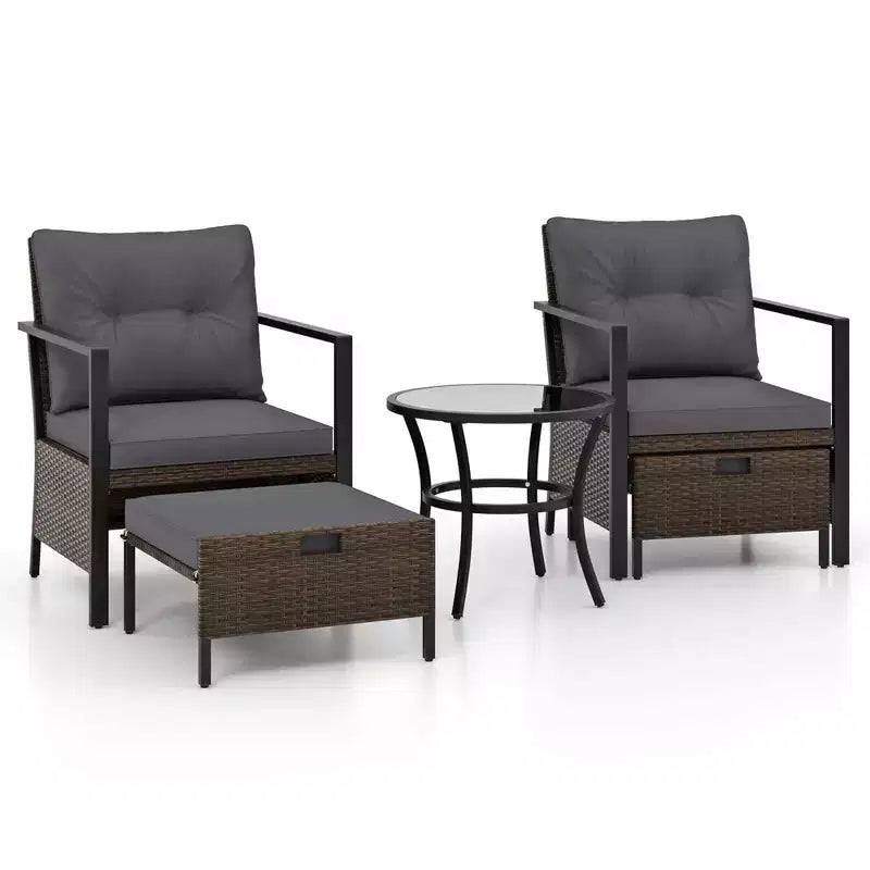 Costway 5 PCS Outdoor Furniture Set Rattan Chairs & Ottomans with Glass Topped Coffee Table Off White/Black/Navy/Gray