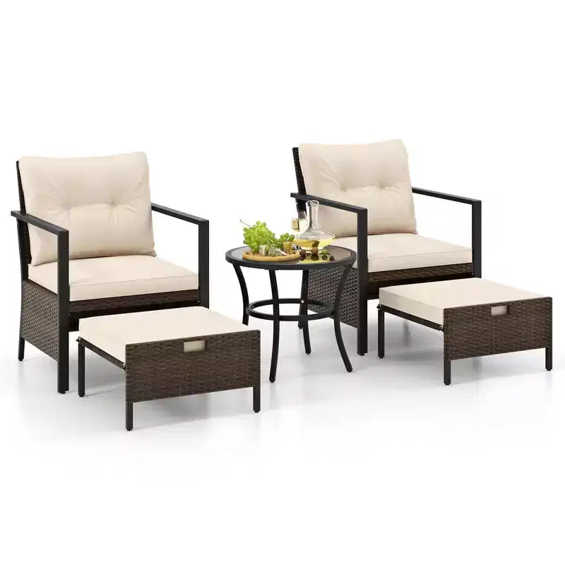 Costway 5 PCS Outdoor Furniture Set Rattan Chairs & Ottomans with Glass Topped Coffee Table Off White/Black/Navy/Gray