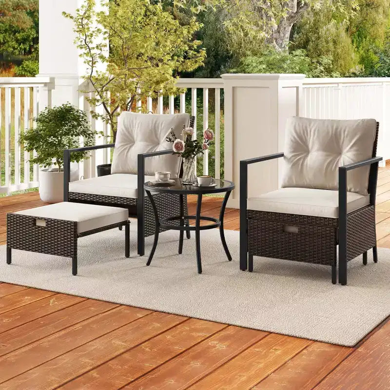 Costway 5 PCS Outdoor Furniture Set Rattan Chairs & Ottomans with Glass Topped Coffee Table Off White/Black/Navy/Gray