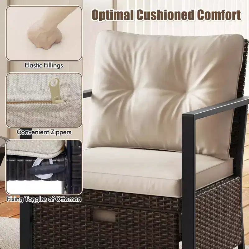 Costway 5 PCS Outdoor Furniture Set Rattan Chairs & Ottomans with Glass Topped Coffee Table Off White/Black/Navy/Gray