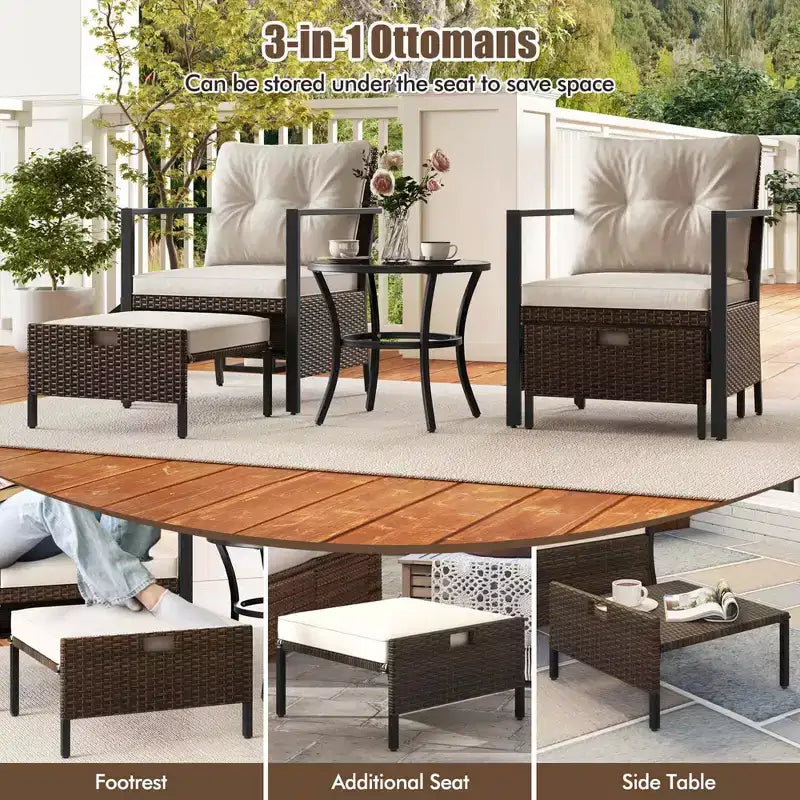 Costway 5 PCS Outdoor Furniture Set Rattan Chairs & Ottomans with Glass Topped Coffee Table Off White/Black/Navy/Gray